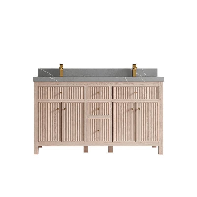 Willow Collections 60 x 22 Sonoma White Oak Wood Double Sink Bathroom Vanity with Quartz or Marble Countertop - 2"Piatra Gray - White Oak