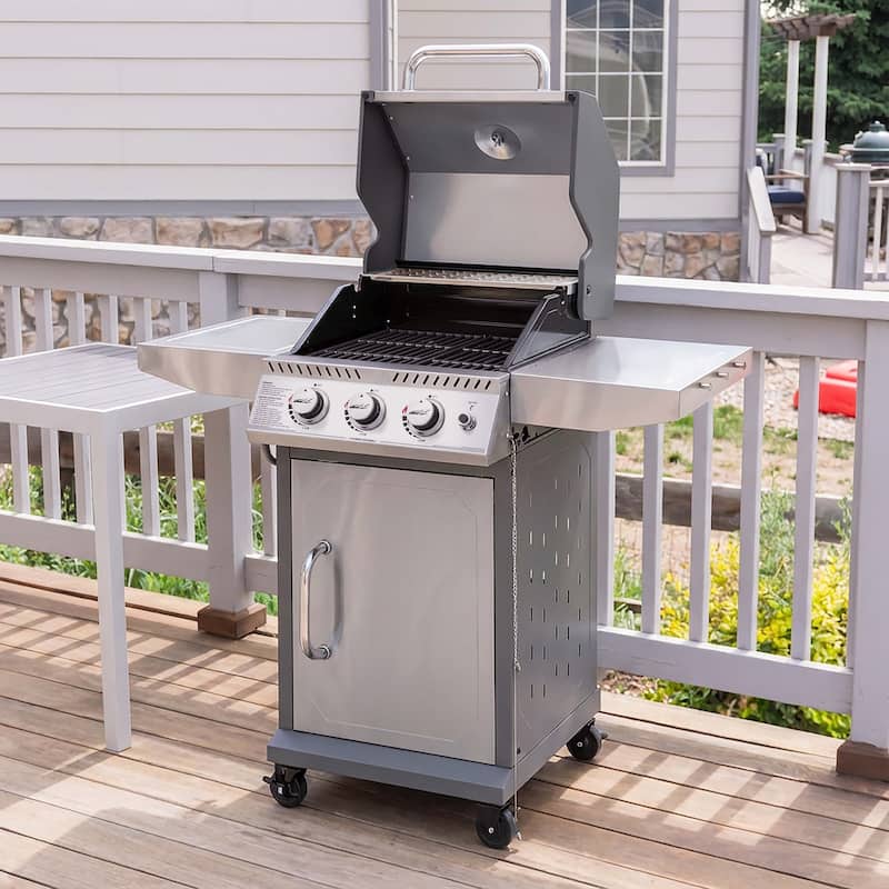 Royal Gourmet Stainless Steel 3-Burner Gas Grill, Cabinet Style Grill with Side Tables, 25,500 BTU