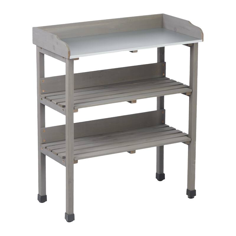 30"x14.5"×35.5" Potting Table w/Metal Tabletop, 3 Layers Outdoor Work Bench w/Hook for Garden, Solid Wood Workstation for Garage - Grey