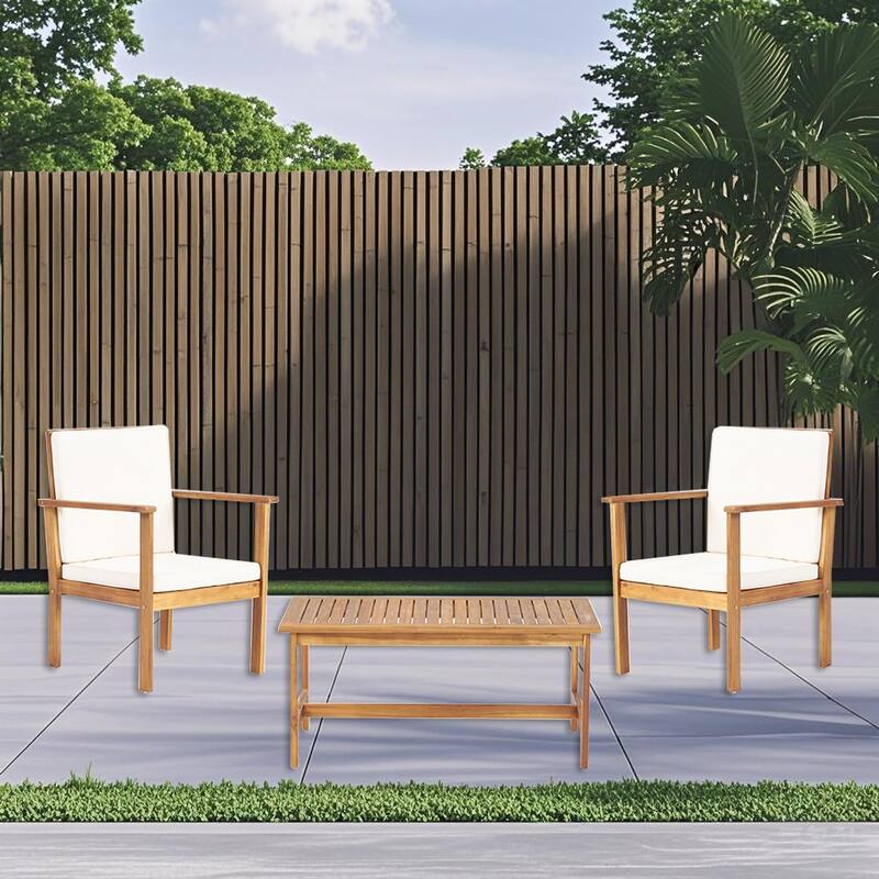 Acacia Wood Table Chairs Set with Slat Back Arm Chairs and Coffee Table, Outdoor Sectional Conversation Sets, 3-Piece - Brown