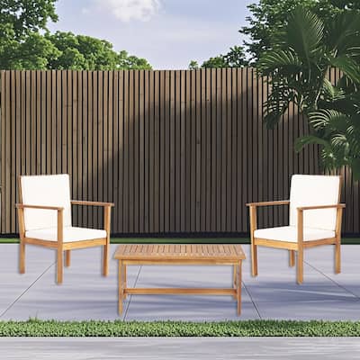 Acacia Wood Table Chairs Set with Slat Back Arm Chairs and Coffee Table, Outdoor Sectional Conversation Sets, 3-Piece
