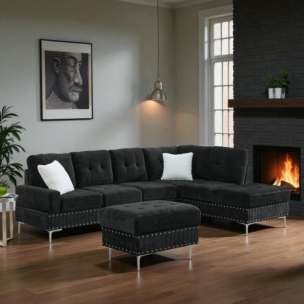 102" 3-Seater L-Shaped Sectional Sofa with Chaise and Storage Ottoman, Chenille Upholstery, Metal Legs, Rivet Trim & 2 Pillows