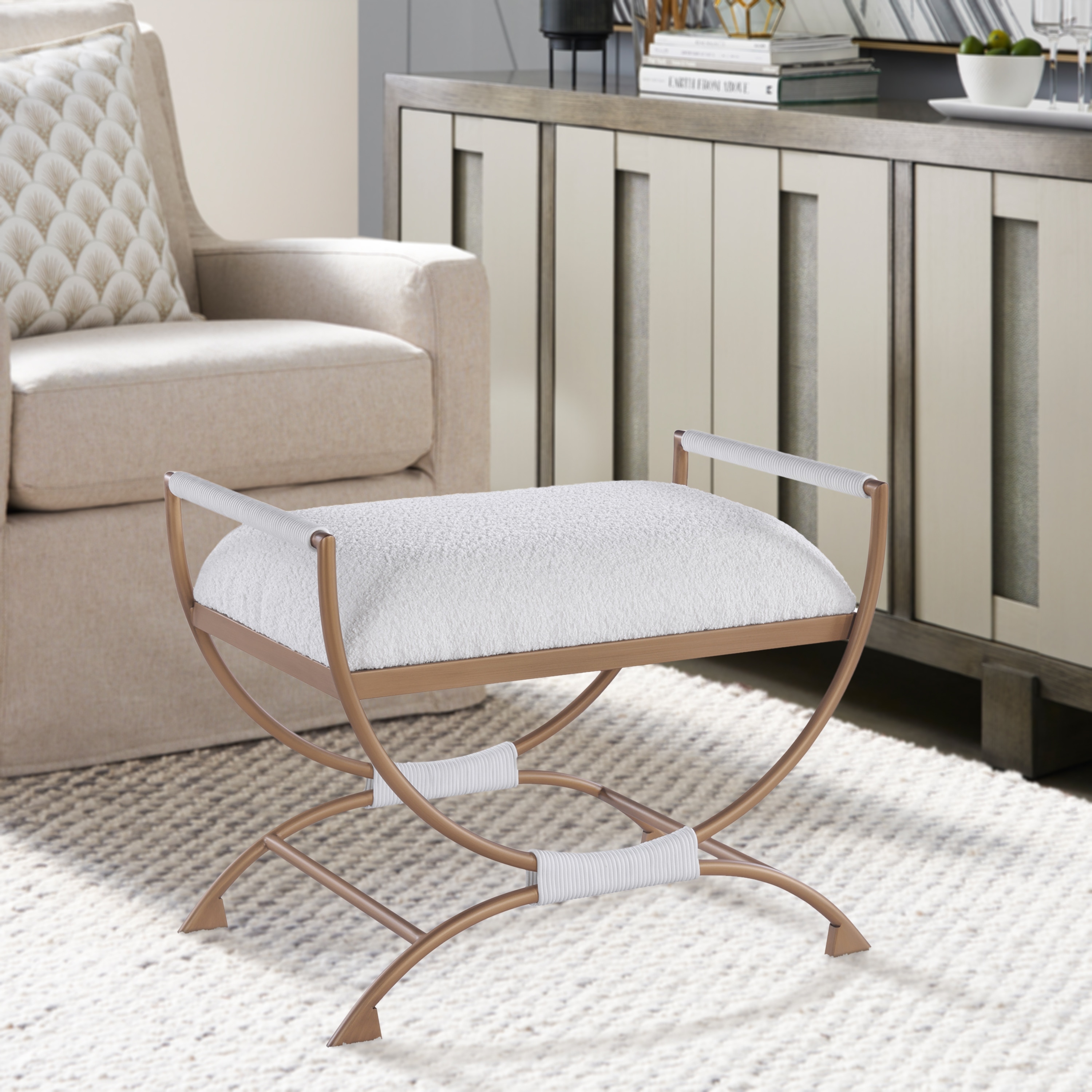 Nashville Boucle Fabric Bronze Metal Base Accent Bench