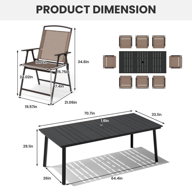 9-Piece Outdoor Dining Set Rectangle Patio Dining Table with Umbrella Hole and Folding Chairs