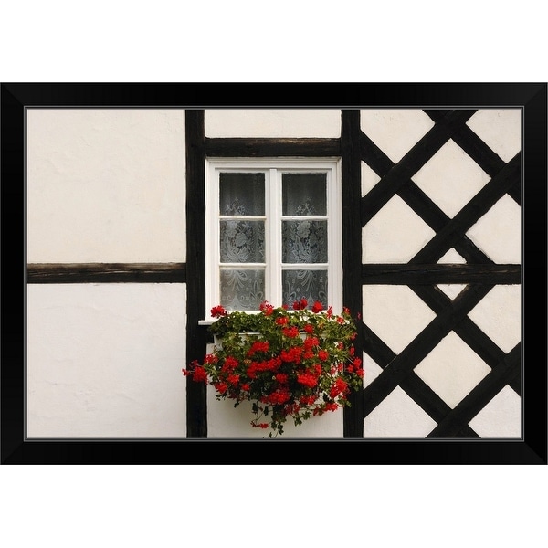 "Window and flower box, on half-timbered cottage, Poland" Black Framed Print