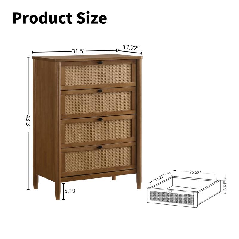 Roundhill Furniture Vichy 5-Piece Rattan Bedroom Set with Upholstered Queen Bed, Dresser, Mirror, Nightstand, and Chest