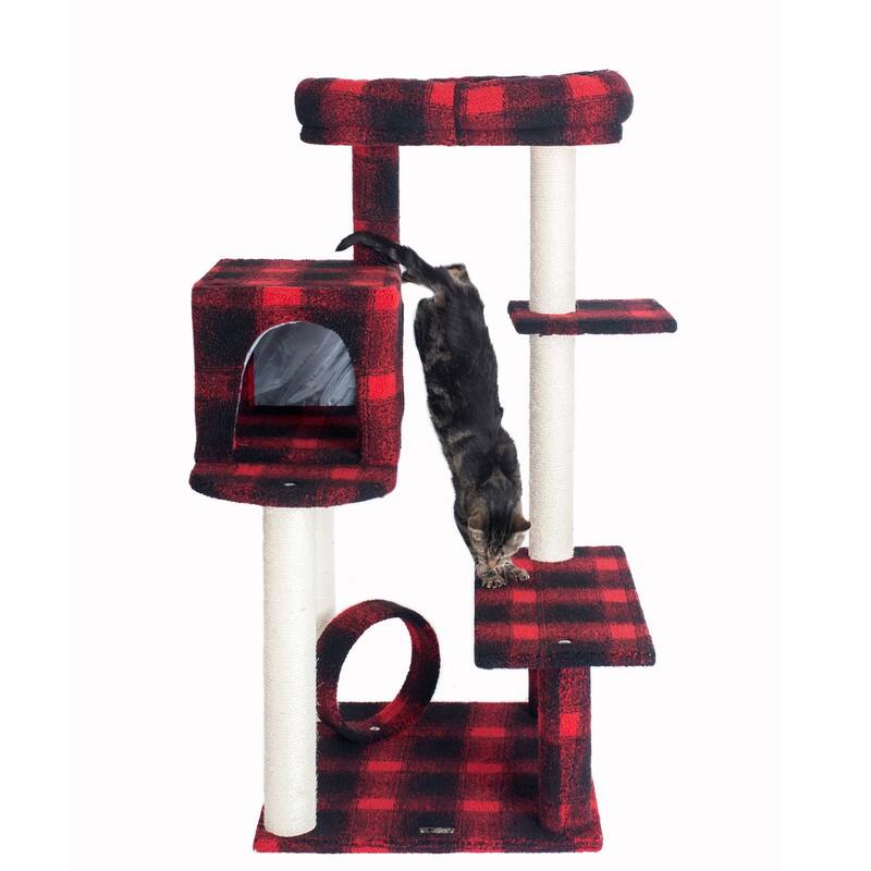 50-Inch Classic Real Wood Cat Tree With Veranda, Bench, Mini perch, and Spacious Lounger In Scotch Plaid