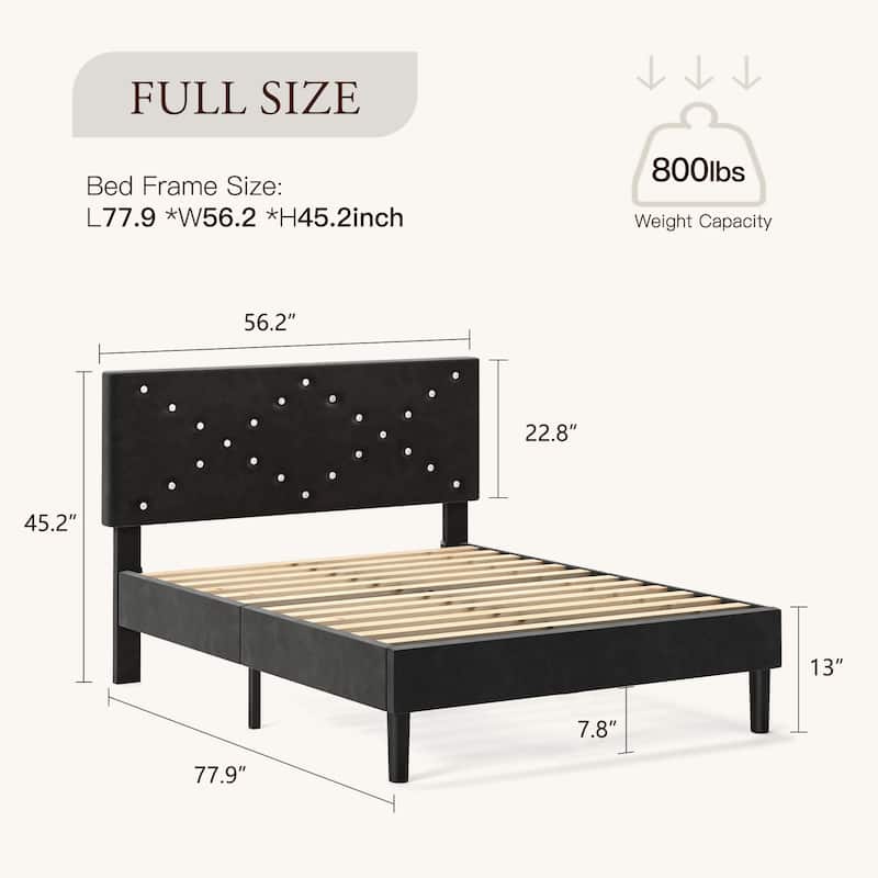 Full Size Modern Platform Bed Frame with Upholstered Headboard & Wooden Slats - No Box Spring Needed, Easy Assembly, Black