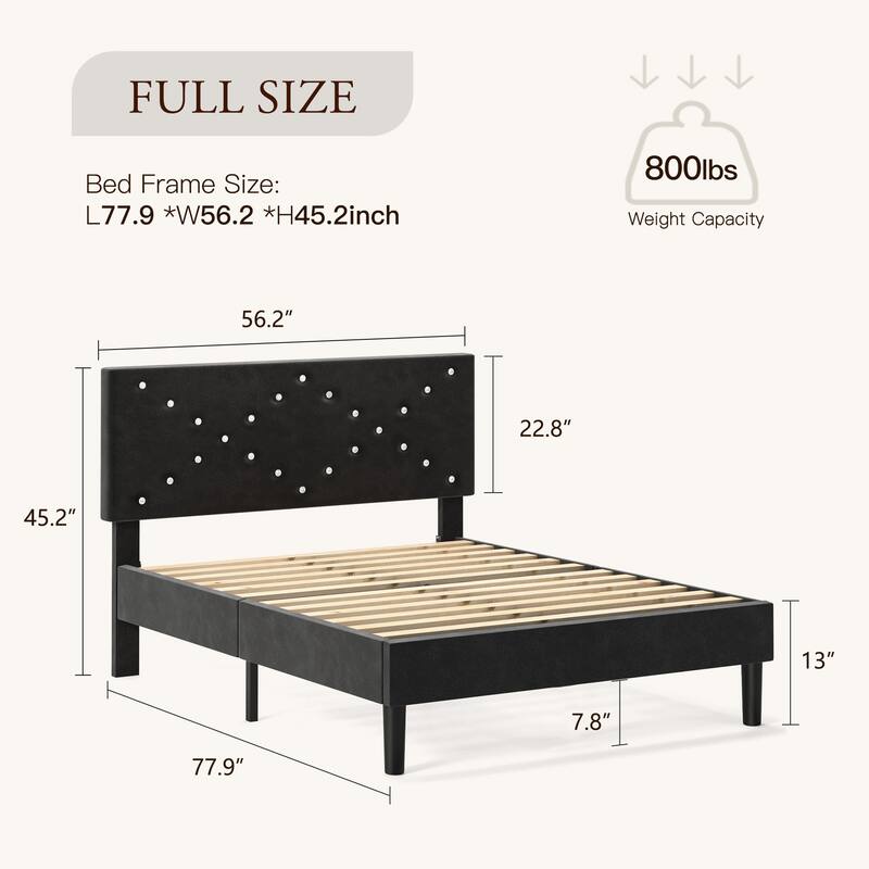 Modern Platform Bed Frame with Upholstered Headboard & Wooden Slats