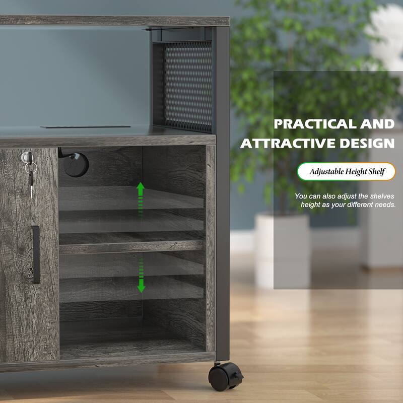 Rolling File Cabinet Lateral Office Filing Cabinets with Charging Station,Modern Printer Stand on Wheels