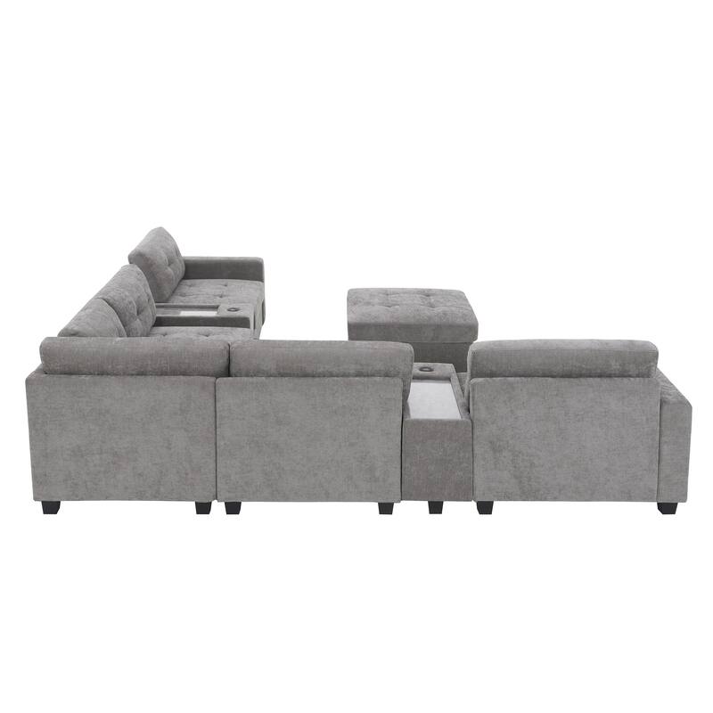 104" Chenille U-Shaped Sectional Sofa with 2 Acrylic Tables, USB Charging and Storage Ottoman