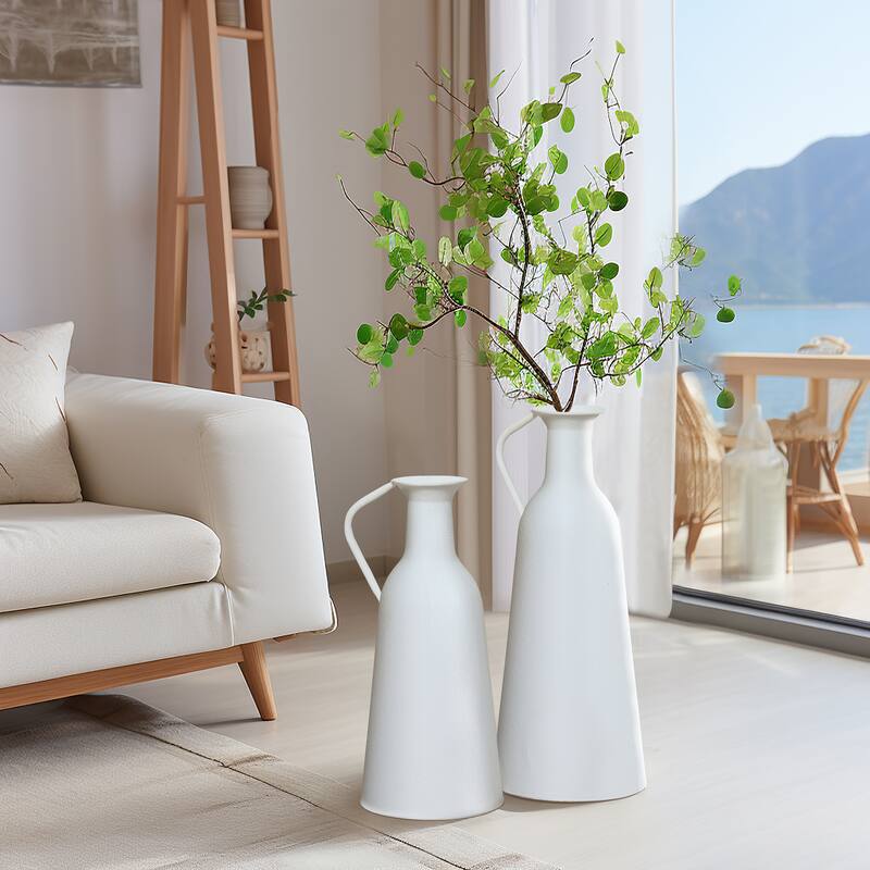 2-Pc White Iron Metal Pitcher Vase Set