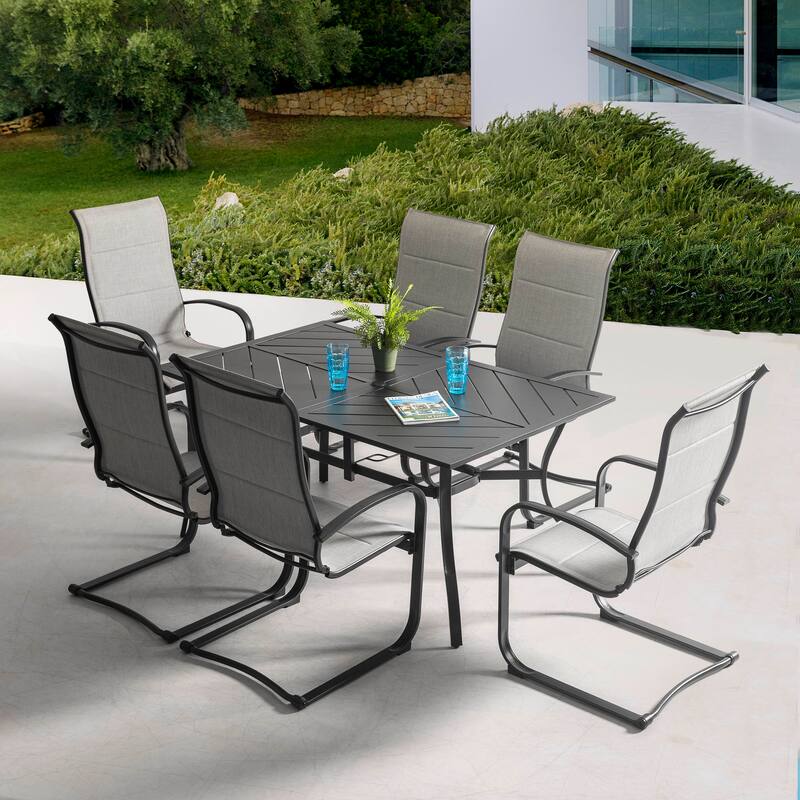 Outdoor Dining Set of 7, Textilene Chairs and Iron Splicing Dining Table