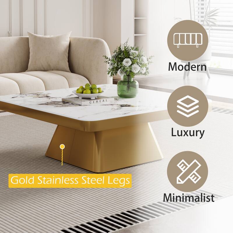 35.43" Modern Square Coffee Table, White Glossy Sintered Stone Table top, Gold Stainless Steel Legs