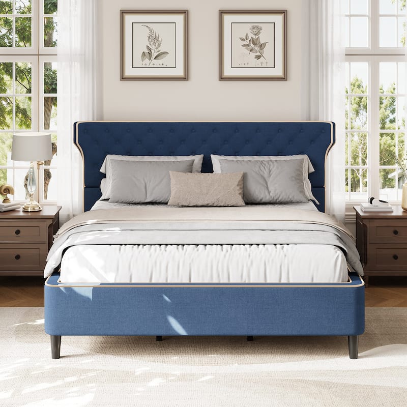 Christopher Knight Home - Aveline Modern Upholstered Platform Bed with Curved Back Headboard and Button Tufted Design