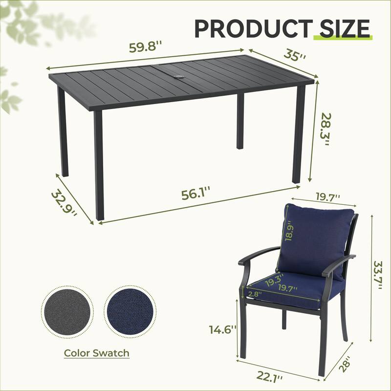 IvyGlow 7-Piece Black Metal Patio Dining Set with Rectangular Table and Gray Cushions