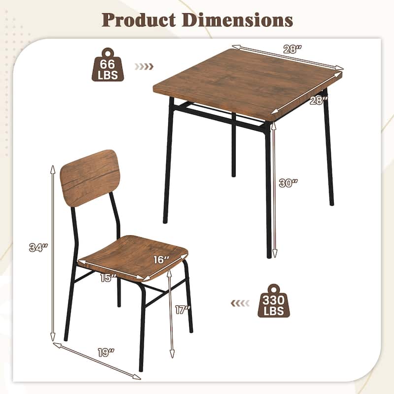 Gymax 3-Piece Wood Square Kitchen Table & Chair Set w/ Metal Frame