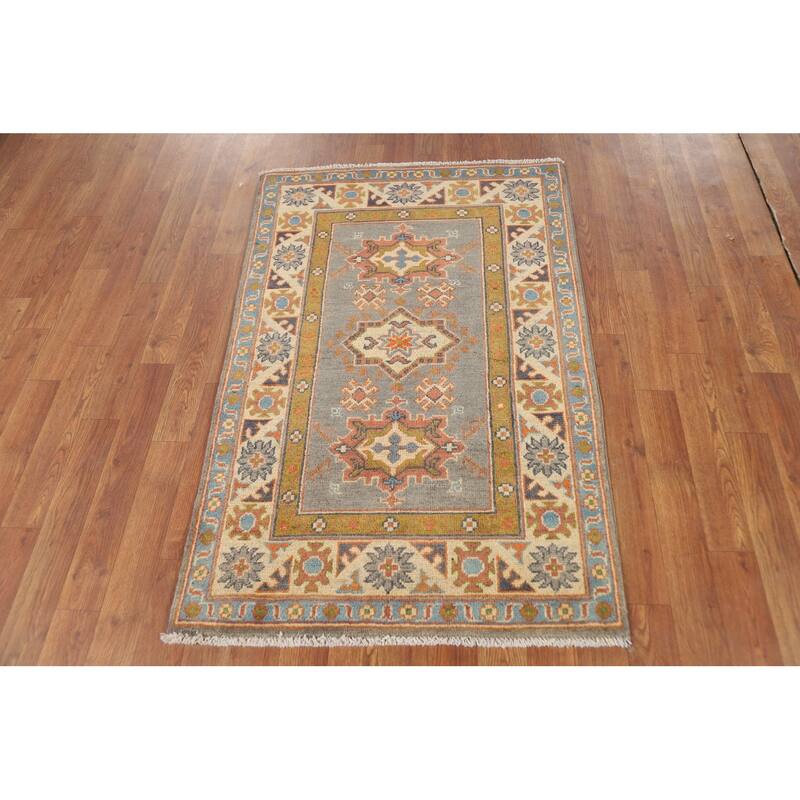 Gray Kazak Foyer Rug Hand-Knotted Traditional Wool Carpet - 2'7"x 4'2"