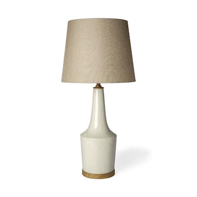 Brown Linen Cone Shade Cream Ceramic Lamp Base 3-Way Switch Large Size - 14” x 14” x 28.5” (D x W x H)