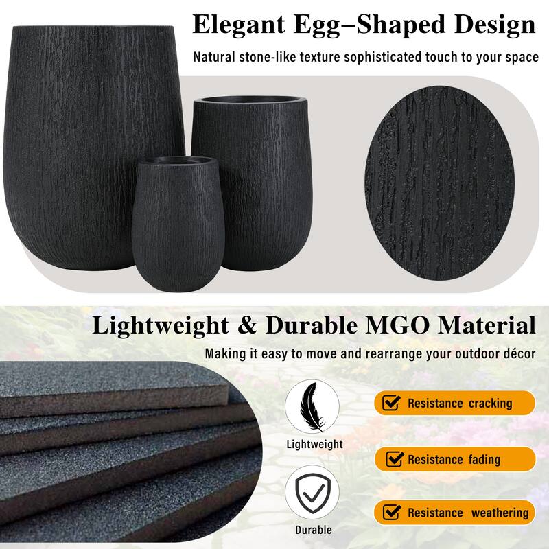 Egg-Shaped Lightweight MGO Outdoor Planter Set of 3,Modern Stone-Look Textured Flower Pots with Drainage Holes and Rubber Plug