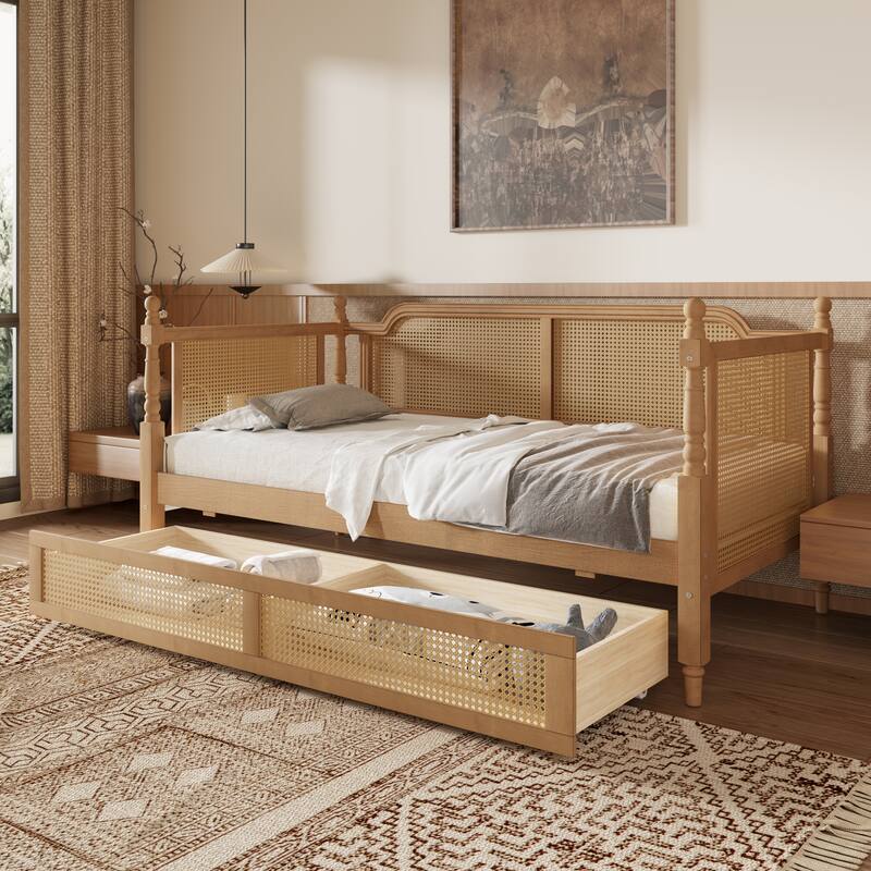 Rattan Daybed with Drawers/Twin Size Trundle, Bed Frame with Footboard - Walnut-2 Drawers - Full