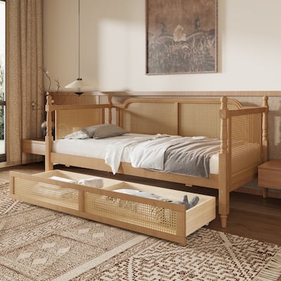 Rattan Daybed with Drawers/Twin Size Trundle, Bed Frame with Footboard