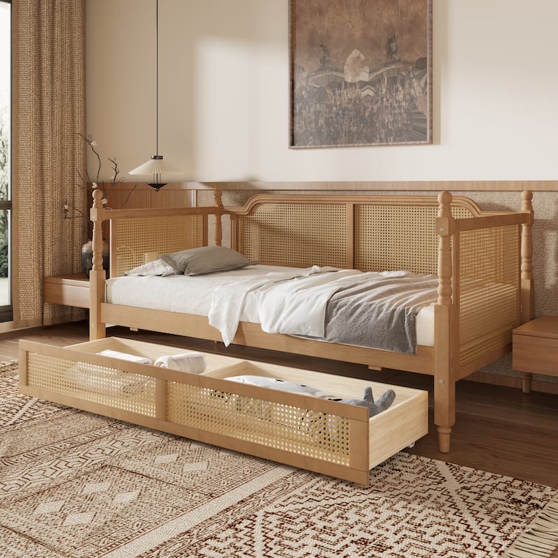 Twin/Full Rattan Bed Frame with 2 Storage Drawers & Curved Headboard, Wood Bedframe Daybed for Limited Space, Bedroom Guest Room