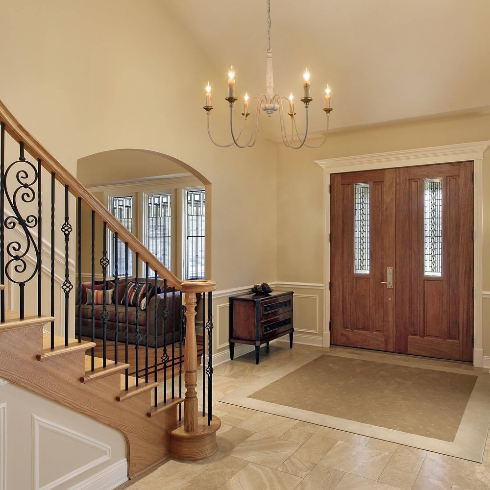 Modern Farmhouse Candle 6-Light Wheel Chandelier Wood French Country Dining Room Lighting - D30.5" x H25.5"