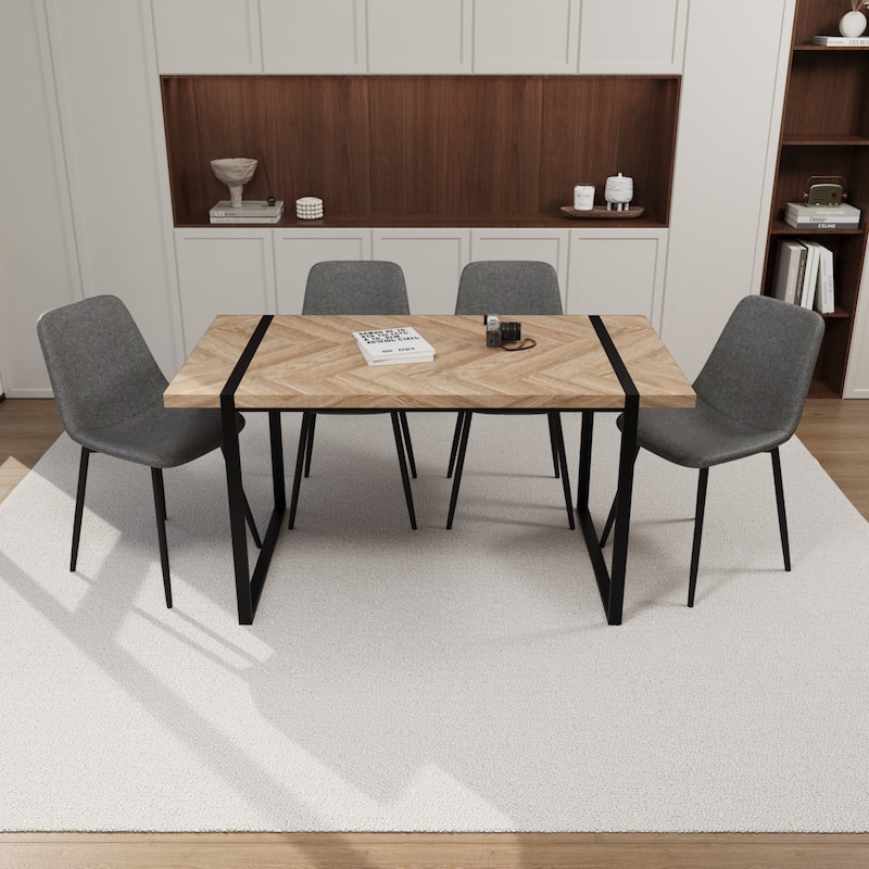 Modern 5-Piece Dining Set with Light Wood Rectangular Metal Base Table & 4 Square Corner Suede Chairs - Grey+Brown