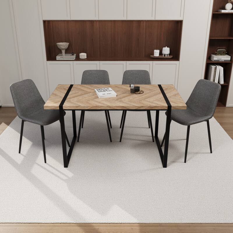 Modern Style 5-Piece Dining Set with Light Wood Rectangular Metal Base Table and 4 Square Corner Suede Dining Chairs - Grey+Brown
