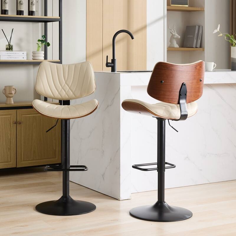 Mid-Century Modern Swivel Bar Stool - Walnut Finish & Faux Leather, Adjustable Counter Height - Beige - Set of 2