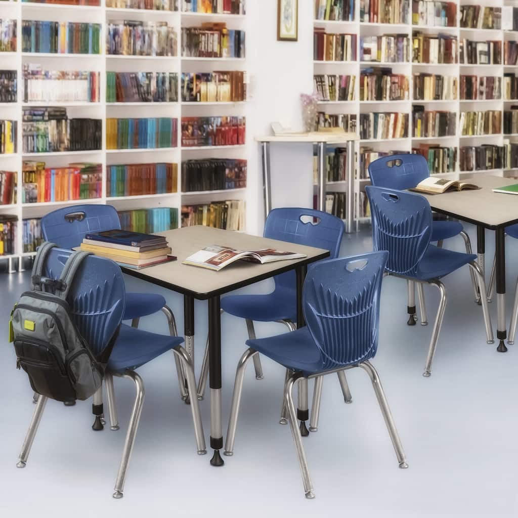 30 in. Square Height Adjustable Classroom Table - Maple & 4 18-in Stack Chairs- Navy Blue