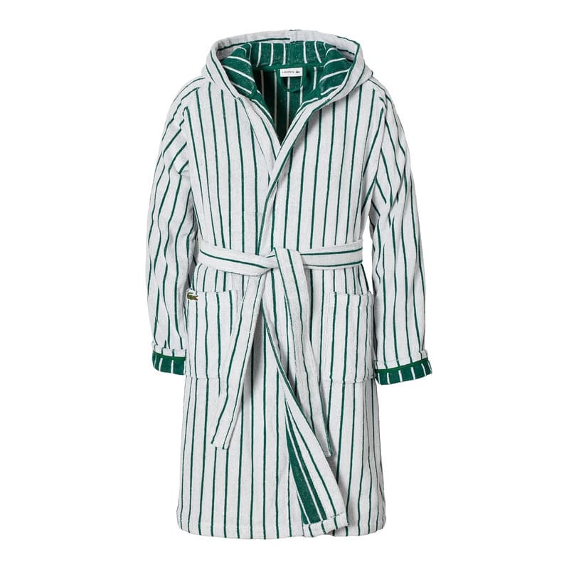 Lacoste Centre Mark Cotton Jacquard Stripe Unisex Bathrobe - Small/Medium - Green