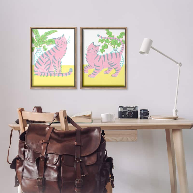 Stupell Pastel Pink Cats & Plants Framed Floater Canvas Wall Art Design By Hannah Moren (Set of 2)