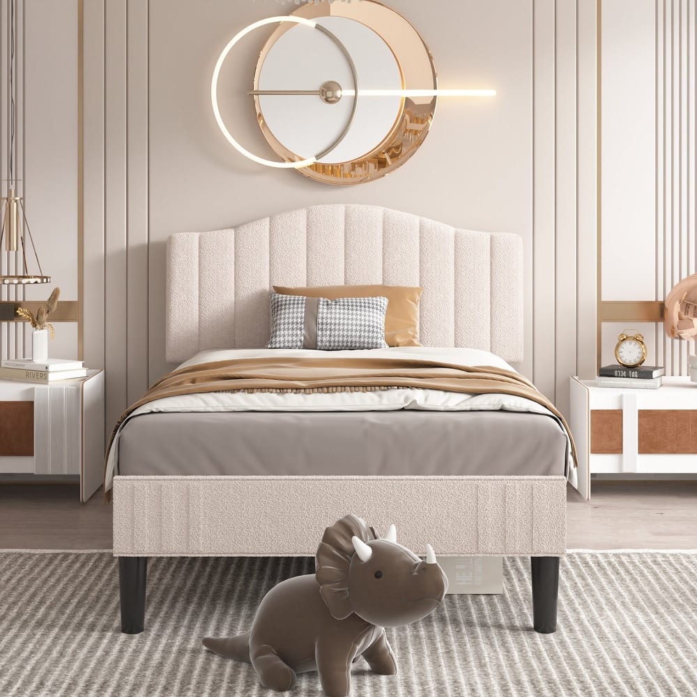 VECELO Upholstered Bed Frames with Luxurious Teddy Fabric and Adjustable Headboard & Footboard, 7.9'' Under Bed Space