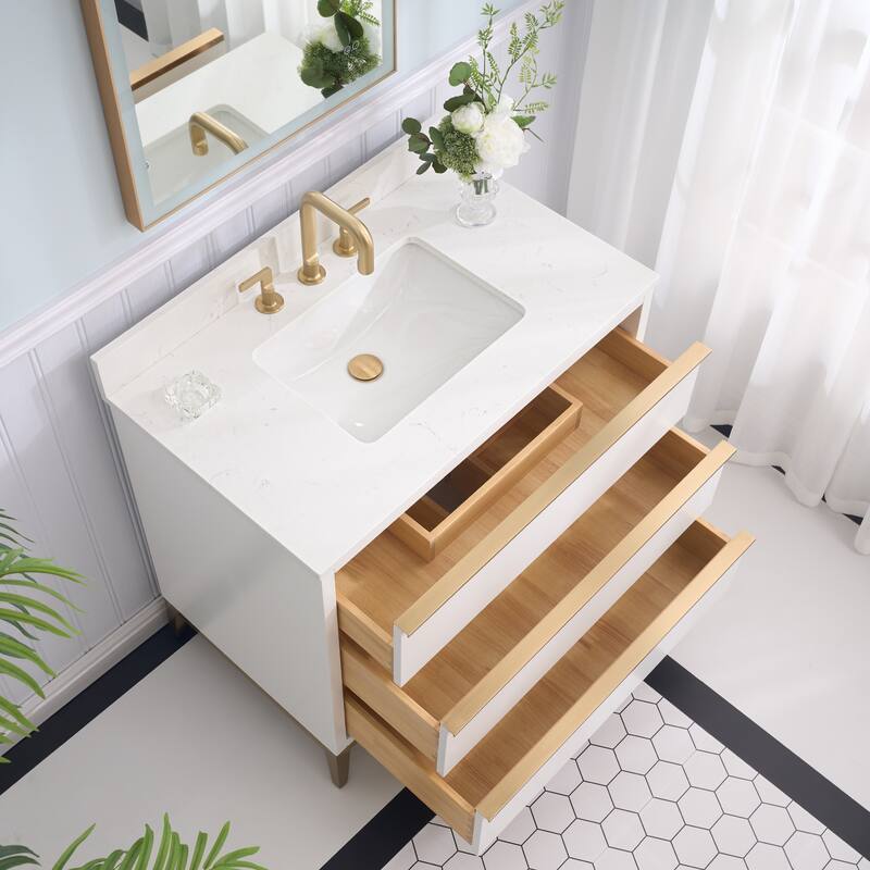 36"/48"/60" W Width Solid Wood Bathroom Vanity with Stain-resistant Carrera White Quartz Top and Sink