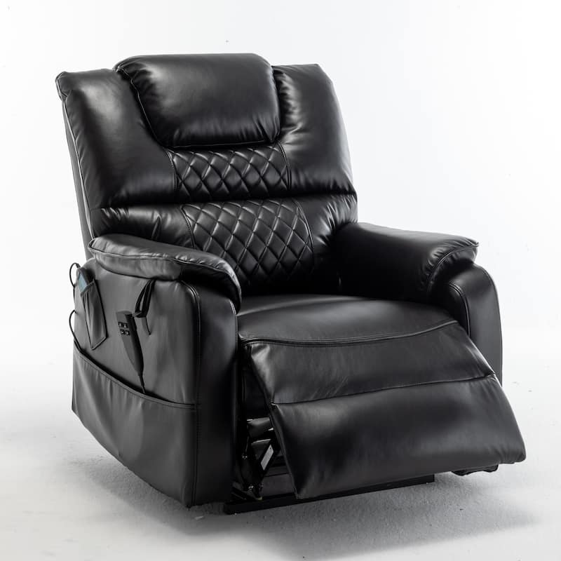 Black Oversized PU Leather Power Lift Recliner with Massage, Lumbar Heating, Side Pockets, 180° Flat Lay