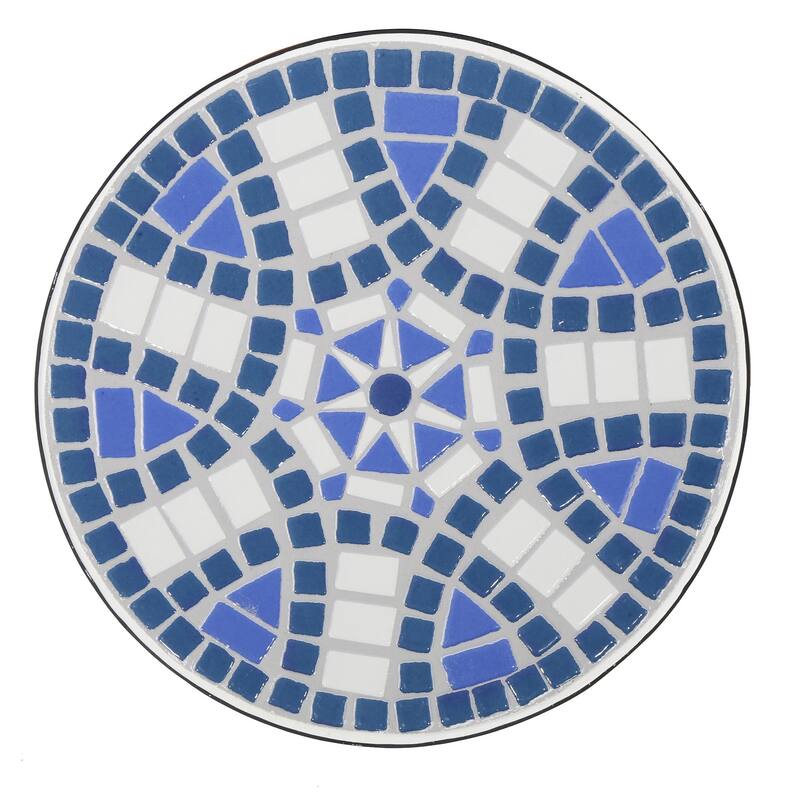 Outdoor Side End Table, 14 Inch Round Blue, White Mosaic Ceramic Top