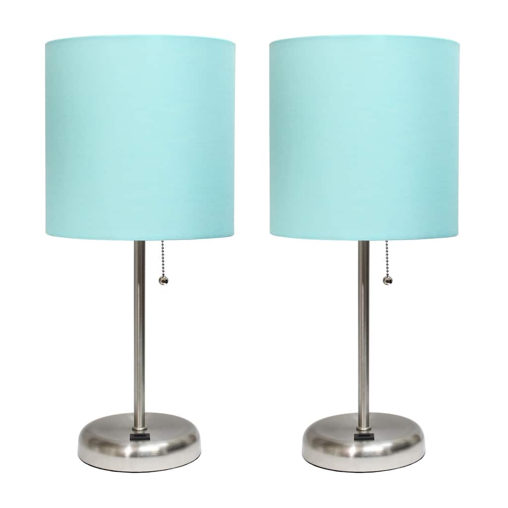 19.5 in. Brushed Steel Finish Table Lamp with Blue Shade, Durable Stick Lamp for End/Side Tables, Set of 2