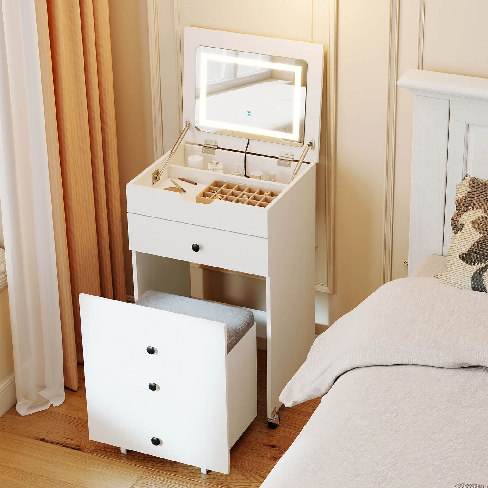 Costway 3-in-1 Small Vanity Desk Set with Flip-top Mirror, Lights, - See Details