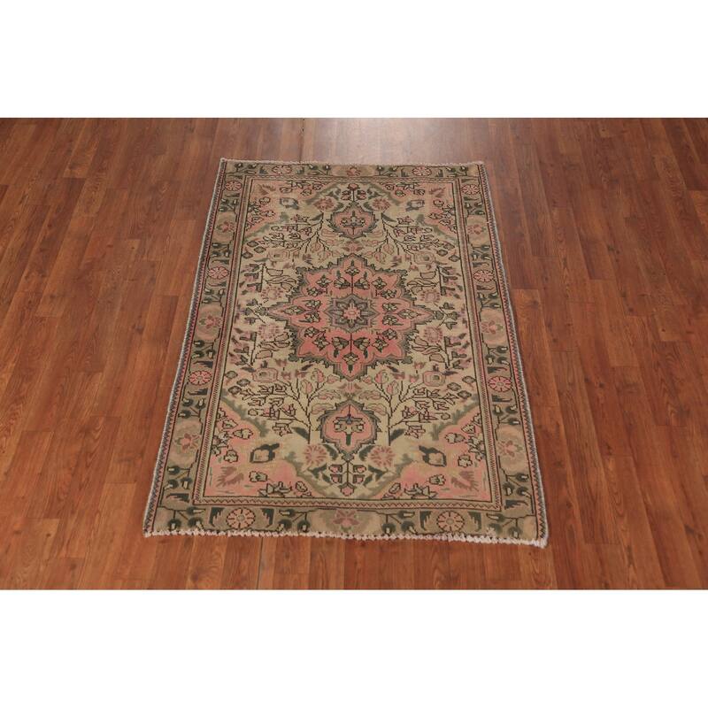 Pink & Beige Floral Tabriz Persian Foyer Rug Handmade Wool Carpet - 3'3"x 4'10"