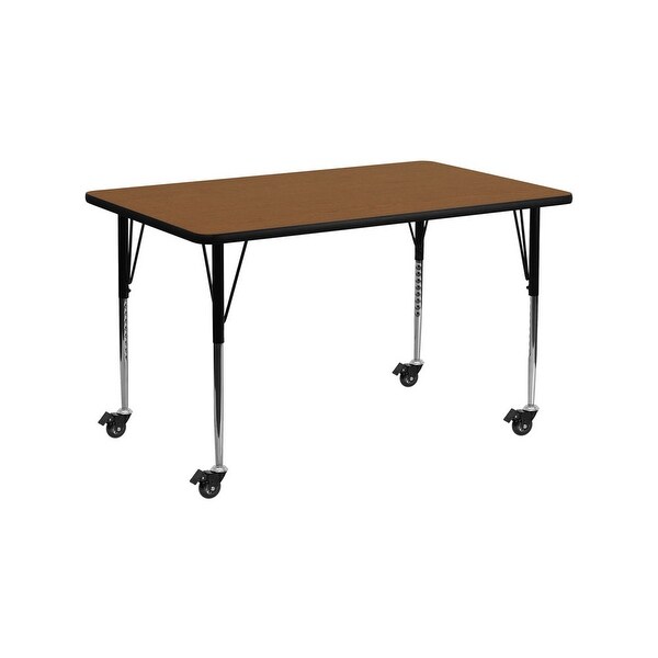 Offex 24"W x 60"L Mobile Rectangular Activity Table with 1.25" Thick High Pressure Oak Laminate Top and Height Adjustable Leg