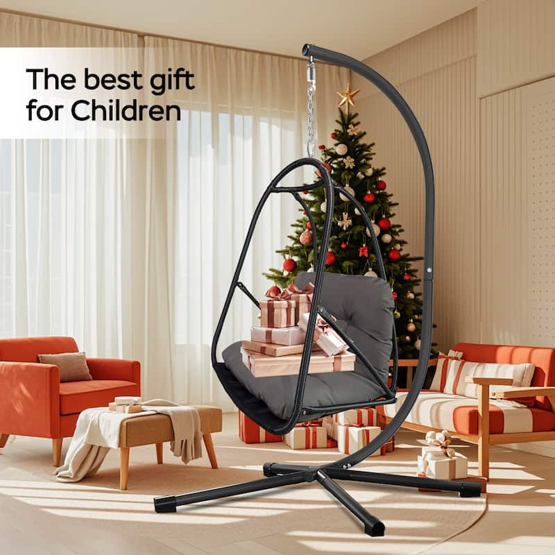 Rossetta Outdoor Wicker Rattan Patio Basket Foldable Hanging Chair with C Type Bracket , Cushion and Pillow