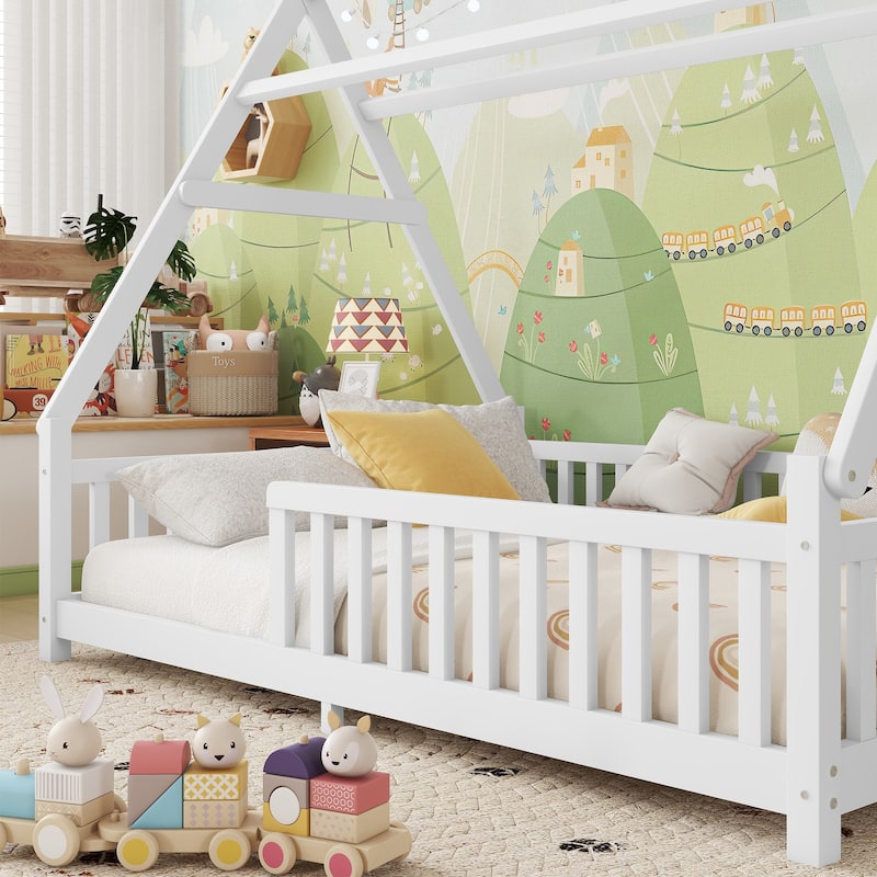 Full Low Floor House Bed with Fence and Roof for Kids Boys Girls - White