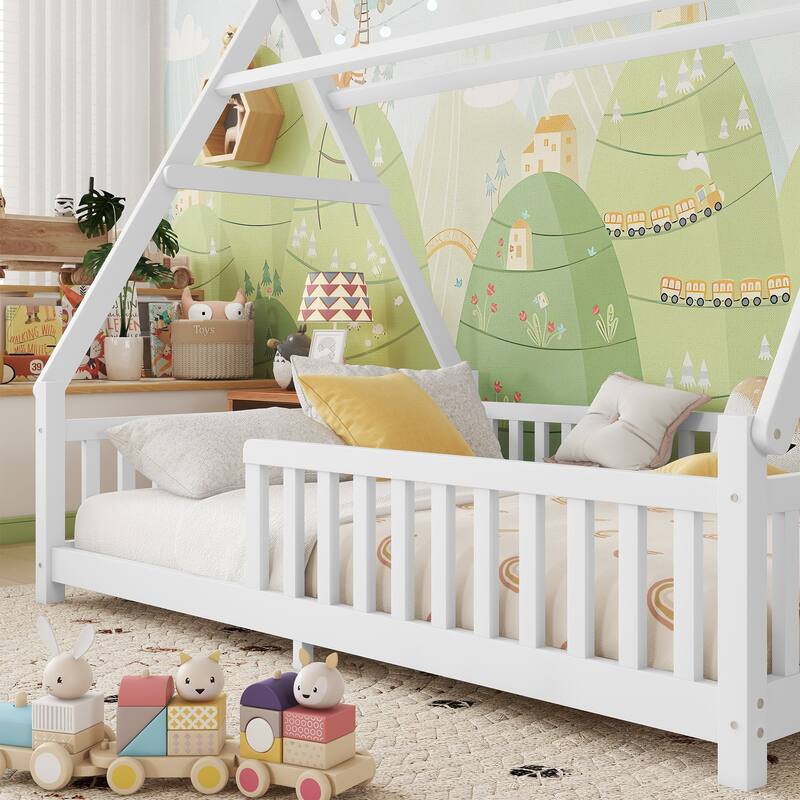 Wooden House Shaped Platform Bed with LED Light and Roof, Low Floor House Bed Frame with Full Length Guardrails