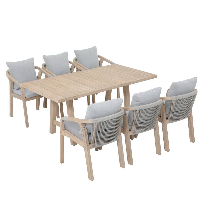 Outdoor Rope Dining Chair and Wood Dining Table Set of 7