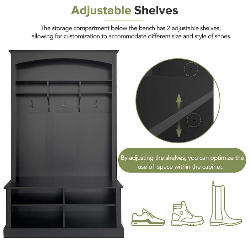 47.2" Entryway Storage Bench – Multi-Functional Hall Tree with 3 Hooks, Open Shelves & Shoe Storage‌