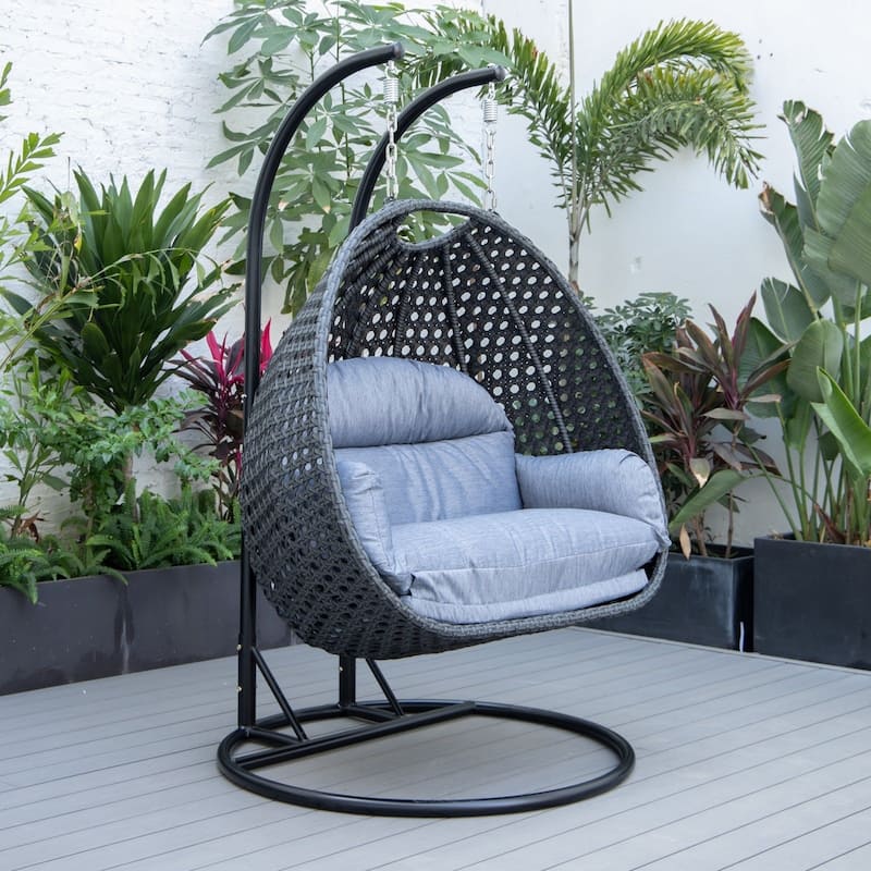 Patio 2-Person Hanging Egg Swing Chair Charcoal Wicker and Iron Frame Breathable Removable Cushion Covers by LeisureMod