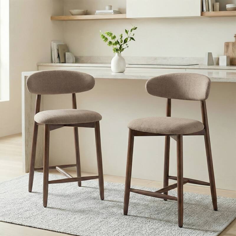 Mid-Century Modern Upholstered Bar Stools Counter Height Wooden Bar Chairs with Backrest Footrest - Camel - Set of 2