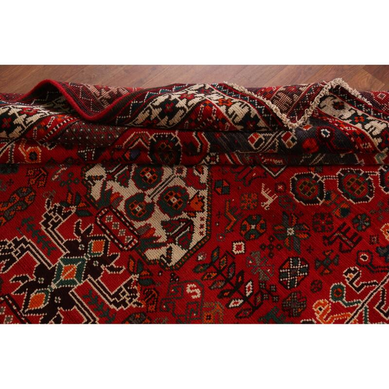 Hand Knotted Oriental 100% Wool Carpet Traditional Tribal Red Qashqai Area Rug - 9' 5'' X 6' 5''